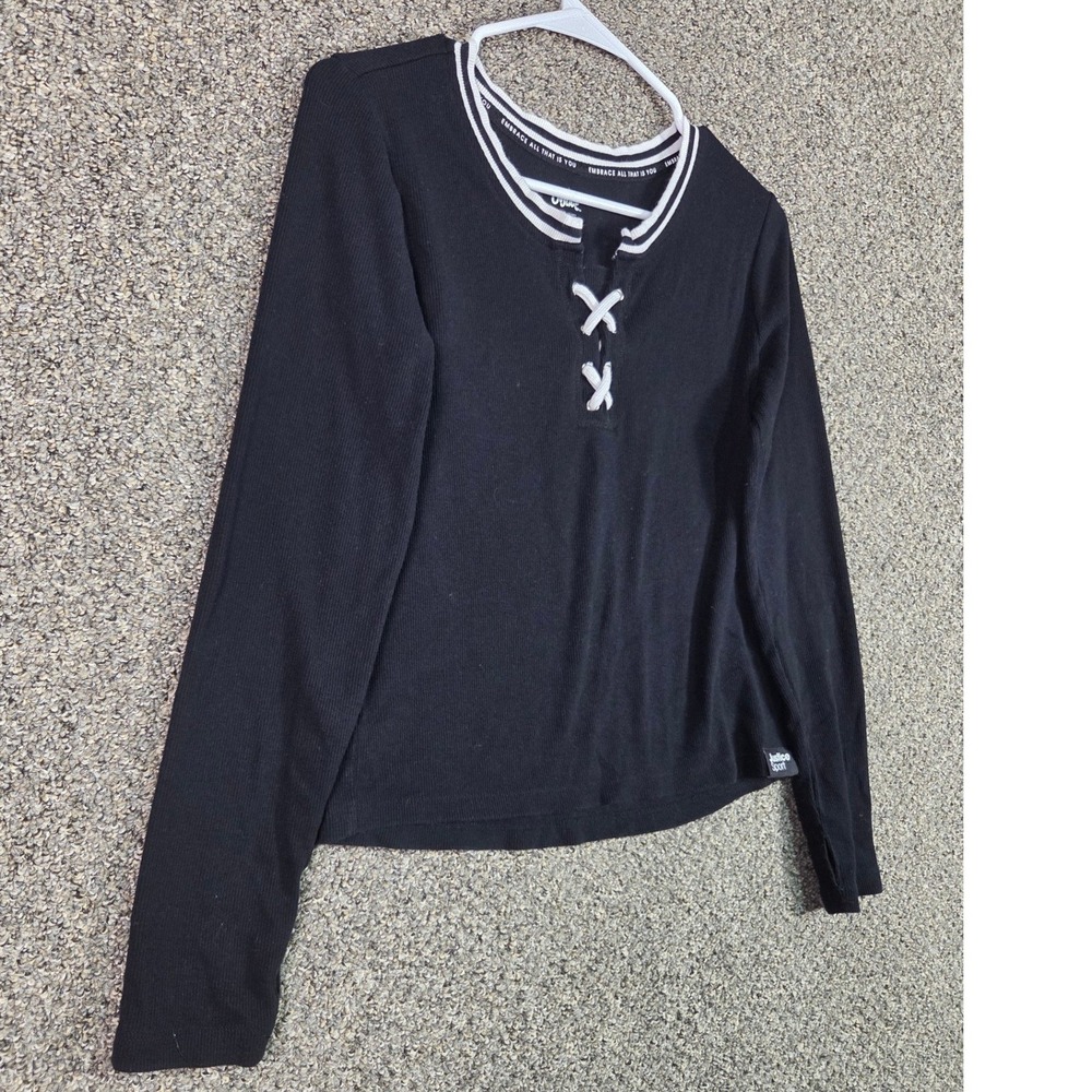 Justice Sport Ribbed Top Girls XL 16/18 Black Lace Up Long Sleeve Ringer Tee - Picture 4 of 9